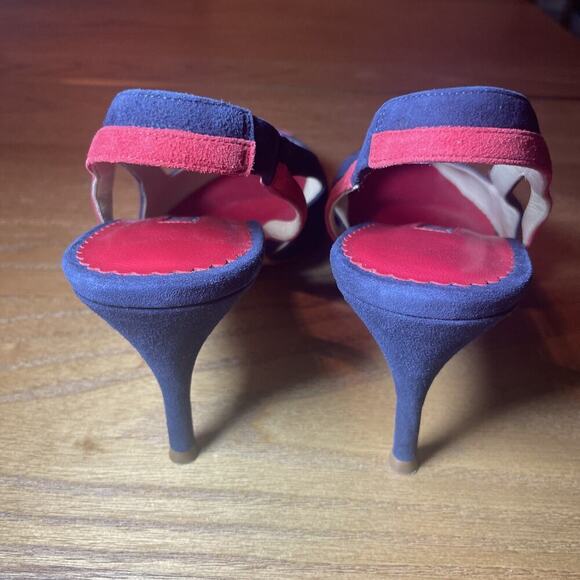 Carolina Herrera Navy Suede Kitten Slingback Heels 39 9 Red Flower Pointed Toe - Picture 5 of 9